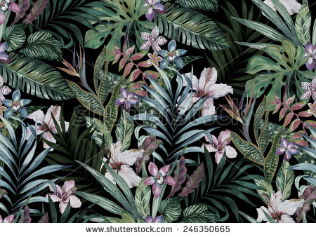 stock-photo-tropical-floral-print-variety-of-jungle-and-island-flowers-in-bouquets-in-a-dark-exotic-print-246350665